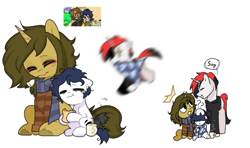 Size: 703x415 | Tagged: safe, artist:inkp0ne, imported from derpibooru, oc, oc only, oc:kisho, oc:michel tusche, oc:sagiri himoto, earth pony, pony, unicorn, pony town, :o, ^^, black hair, black mane, black tail, blanket, blue hair, blue mane, blue tail, blurr, blushing, bread, brown coat, brown eyes, brown hair, brown mane, chewing, clothes, confused, ears, ears up, earth pony oc, eating, excited, excitement, eyes closed, floppy ears, flower, food, head pat, horn, hug, hugging a pony, mug, open mouth, pat, red hair, red mane, red tail, rose, running, scarf, screencap reference, simple background, smiling, speech bubble, starry eyes, steam, surprised, sweater, tail, tail wiggle, teary eyes, unicorn oc, unshorn fetlocks, warm, wat, white background, white coat, wide eyes, wingding eyes