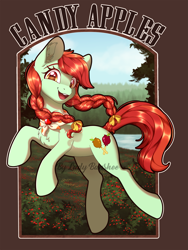 Size: 2255x3000 | Tagged: safe, artist:lady--banshee, imported from derpibooru, candy apples, earth pony, pony, apple family member, looking at you, solo, watermark