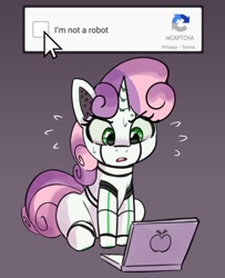 Size: 974x1200 | Tagged: safe, artist:pabbley, imported from derpibooru, sweetie belle, pony, robot, robot pony, unicorn, /mlp/, adorable distress, captcha, colored sketch, computer, confused, cute, drawthread, emanata, existential crisis, eye clipping through hair, eyebrows, eyebrows visible through hair, eyelashes, gradient background, laptop computer, mouse cursor, open mouth, sitting, solo, sweat, sweatdrops, sweetie bot