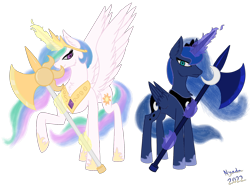 Size: 1600x1200 | Tagged: safe, artist:spectrum205, imported from derpibooru, princess celestia, princess luna, alicorn, axe, simple background, transparent background, weapon