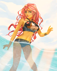 Size: 3200x4000 | Tagged: safe, artist:joe pekar, imported from derpibooru, part of a set, sunset shimmer, human, equestria girls, equestria girls series, forgotten friendship, bare shoulders, bikini, bikini babe, bracelet, clothes, female, geode of empathy, grin, high res, jewelry, looking at you, magical geodes, multiple variants, ocean, open mouth, sleeveless, smiling, smiling at you, solo, swimsuit, water