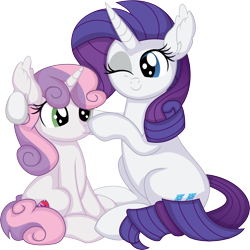 Size: 7701x7713 | Tagged: safe, artist:cyanlightning, imported from derpibooru, rarity, sweetie belle, pony, unicorn, .svg available, absurd resolution, boop, cute, duo, duo female, female, filly, foal, mare, one eye closed, siblings, simple background, sisters, sitting, transparent background, vector, wink