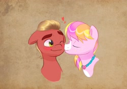 Size: 4096x2896 | Tagged: safe, artist:artharuhi, imported from derpibooru, sprout cloverleaf, oc, oc:malarkey, earth pony, pony, blushing, cheek kiss, duo, g5, kissing, male, stallion