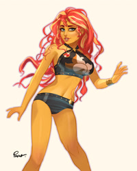 Size: 3200x4000 | Tagged: safe, alternate version, artist:joe pekar, imported from derpibooru, part of a set, sunset shimmer, human, equestria girls, equestria girls series, forgotten friendship, bare shoulders, bikini, bracelet, clothes, female, geode of empathy, jewelry, magical geodes, multiple variants, open mouth, simple background, sleeveless, smiling, solo, swimsuit