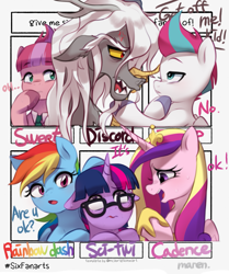 Size: 1715x2048 | Tagged: safe, artist:maren, idw, imported from derpibooru, discord, princess cadance, rainbow dash, sci-twi, twilight sparkle, zipp storm, alicorn, draconequus, earth pony, human, pegasus, pony, unicorn, six fanarts, equestria girls, spoiler:g5comic, blushing, cross-popping veins, crown, dialogue, equestria girls ponified, exclamation point, eyebrows, eyebrows visible through hair, female, floppy ears, g5, glasses, group, hoof shoes, jewelry, looking at each other, looking at someone, looking up, male, mare, necktie, nervous, no, old man discord, out of frame, ponified, rainbow colors, regalia, scared, sextet, shipping, sweat, sweets (g5), touching, unicorn sci-twi, unshorn fetlocks