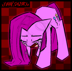 Size: 1136x1108 | Tagged: safe, artist:xxv4mp_g4z3rxx, imported from derpibooru, pinkie pie, earth pony, pony, checkered background, crying, eyes closed, fangs, female, mare, open mouth, pink coat, pink mane, pink tail, pinkamena diane pie, solo, tail