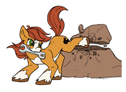 Size: 1280x938 | Tagged: safe, artist:starponys87, artist:tsitra360, imported from derpibooru, oc, oc only, oc:gearheart, oc:ronnie gearheart, asperger's syndrome, autism, autism spectrum disorder, brown fur, brown hair, bucking, gears, hazel eyes, kicking, mechanic, piebald coat, red hair, simple background, smashing, solo, unshorn fetlocks, white background, wrench