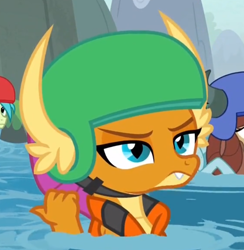 Size: 704x722 | Tagged: safe, imported from derpibooru, screencap, sandbar, smolder, yona, dragon, earth pony, pony, yak, non-compete clause, dragoness, female, helmet, smolder is not amused, solo focus, unamused