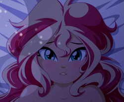 Size: 1057x865 | Tagged: safe, artist:rosemile mulberry, edit, imported from derpibooru, sunset shimmer, human, equestria girls, adorable face, adorasexy, beautiful, beautiful eyes, beautisexy, bed, blushing, cropped, cute, female, implied nudity, lidded eyes, looking, looking at you, messy hair, night, offscreen character, pov, questionable source, sexy, sheet, solo, sparkles, stupid sexy sunset shimmer