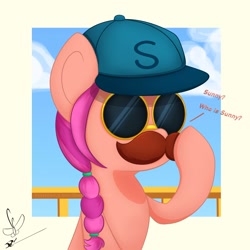 Size: 2000x2000 | Tagged: safe, artist:daftramms, imported from derpibooru, sunny starscout, earth pony, pony, spoiler:g5, spoiler:my little pony: tell your tale, spoiler:tyts01e21, baseball cap, braid, cap, cute, disguise, fake moustache, female, g5, glasses, hat, high res, mare, my bananas, my little pony: tell your tale, not sunny starscout, paper-thin disguise, signature, solo, sunglasses, sunnybetes