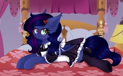 Size: 1202x741 | Tagged: safe, artist:freyamilk, imported from derpibooru, oc, oc only, oc:shadow twinkle, bat pony, pony, bat pony oc, bed, bow, clothes, crossdressing, ear fluff, femboy, glasses, hair bow, heterochromia, looking at you, lying down, maid, male, on bed, prone, round glasses, smiling, smiling at you, solo, stallion