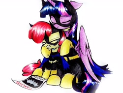 Size: 2922x2207 | Tagged: safe, artist:liaaqila, imported from derpibooru, apple bloom, twilight sparkle, alicorn, earth pony, pony, barbara gordon, batgirl, clothes, comforting, costume, crying, dc comics, duo, duo female, eyebrows, eyebrows visible through hair, eyes closed, female, filly, foal, frown, high res, mare, partially open wings, sad, simple background, sitting, tara strong, teeth, twilight sparkle (alicorn), voice actor joke, white background, wings