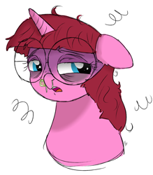 Size: 2129x2434 | Tagged: safe, artist:ponykittenboi, derpibooru exclusive, imported from derpibooru, oc, oc only, oc:rose petal, pony, unicorn, bags under eyes, colored sketch, female, filly, foal, glasses, gross, round glasses, sick, simple, simple background, sketch, snot, snot bubble, solo, white background