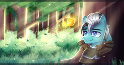 Size: 2800x1483 | Tagged: safe, artist:opal_radiance, imported from derpibooru, oc, oc only, oc:tireless tracker, butterfly, earth pony, pony, commission, crepuscular rays, earth pony oc, forest, leaves, male, relaxing, smiling, solo, tree