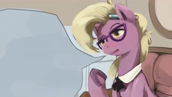 Size: 3840x2160 | Tagged: safe, artist:applephil, imported from derpibooru, grace manewitz, earth pony, pony, female, glasses, high res, lidded eyes, mare, pencil behind ear, solo, speech bubble, underhoof