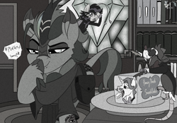 Size: 3200x2223 | Tagged: safe, artist:brainiac, imported from derpibooru, fancypants, oc, oc:moe, oc:shotglass, oc:silent spring, breezie, kirin, fallout equestria, black and white, boop, cake, fallout equestria:all things unequal (pathfinder), female, food, grayscale, mare, mole rat, monochrome, self-boop, spilled drink, text