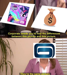 Size: 1765x1974 | Tagged: safe, edit, editor:dematrix-edit, imported from derpibooru, twilight sparkle, alicorn, human, pony, bag, exploitable meme, female, game, gameloft, gameloft logo, irl, irl human, mare, meme, money bag, my little pony: magic princess, photo, the office, they're the same picture, twilight sparkle (alicorn)