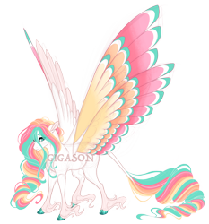Size: 4100x4400 | Tagged: safe, artist:gigason, imported from derpibooru, oc, oc:kore, pony, seraph, absurd resolution, colored wings, female, magical lesbian spawn, mare, multicolored wings, multiple wings, obtrusive watermark, offspring, parent:fluttershy, parent:princess celestia, parents:flutterlestia, simple background, solo, transparent background, watermark, wings