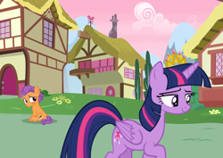 Size: 1388x982 | Tagged: safe, artist:lunaticdawn, imported from derpibooru, tender taps, twilight sparkle, alicorn, pony, blushing, colt, crown, crush, female, foal, jewelry, male, mare, ponyville, regalia, shipping, show accurate, sitting, straight, twilight sparkle (alicorn), twitaps, walking