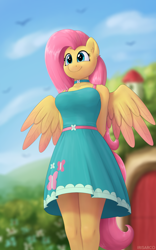 Size: 2500x4000 | Tagged: safe, artist:irisarco, imported from derpibooru, part of a set, fluttershy, anthro, bird, pegasus, arm behind back, bare shoulders, blurry background, breasts, busty fluttershy, choker, clothes, cloud, colored wings, cottagecore, cute, day, dress, ear fluff, ear piercing, female, flower, fluttershy boho dress, fluttershy's cottage, multiple variants, outdoors, partially open wings, piercing, shyabetes, sky, smiling, solo, standing, tail, upskirt, watermark, wings