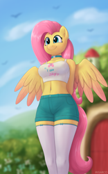 Size: 2500x4000 | Tagged: safe, alternate version, artist:irisarco, imported from derpibooru, part of a set, fluttershy, anthro, bird, pegasus, arm behind back, belly button, belly piercing, blurry background, breasts, busty fluttershy, choker, clothes, cloud, colored wings, cottagecore, cute, day, ear fluff, ear piercing, female, flower, fluttershy's cottage, midriff, multiple variants, outdoors, partially open wings, piercing, shorts, shyabetes, sky, smiling, socks, solo, standing, stockings, tail, tanktop, thigh highs, watermark, wings