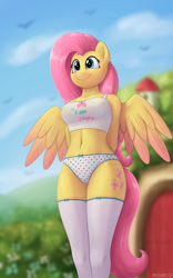 Size: 2500x4000 | Tagged: safe, alternate version, artist:irisarco, imported from derpibooru, part of a set, fluttershy, anthro, bird, pegasus, arm behind back, belly button, blurry background, breasts, busty fluttershy, clothes, cloud, colored wings, day, ear fluff, ear piercing, female, flower, fluttershy's cottage, legs together, midriff, multiple variants, outdoors, panties, partially open wings, piercing, sky, smiling, socks, solo, standing, stockings, tail, tanktop, thigh highs, underwear, watermark, wings