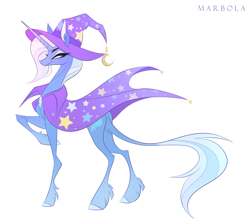 Size: 2975x2664 | Tagged: safe, artist:marbola, imported from derpibooru, trixie, classical unicorn, pony, unicorn, blue fur, cape, clothes, cloven hooves, gem, hat, jewelry, leonine tail, purple eyes, signature, simple background, solo, tail, thin, unshorn fetlocks, white background