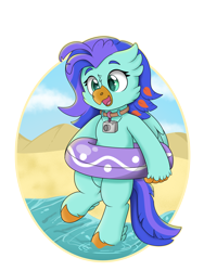 Size: 3024x4032 | Tagged: safe, artist:rokosmith26, imported from derpibooru, oc, oc only, oc:sea lilly, classical hippogriff, hippogriff, beach, beak, bipedal, camera, commission, cute, female, floaty, happy, hippogriff oc, holding, inner tube, jewelry, mare, necklace, ocbetes, open mouth, sand, simple background, solo, spread wings, standing, unshorn fetlocks, water, wings, your character here