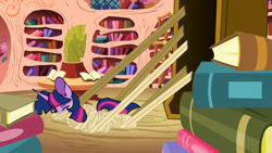 Size: 1280x720 | Tagged: safe, artist:dingdingxu377, imported from derpibooru, twilight sparkle, pony, unicorn, bandage, bondage, book, cloth gag, ear fluff, eyebrows, eyebrows visible through hair, female, gag, golden oaks library, lying down, mare, mummification, mummy, one eye closed, open mouth, over the nose gag, prone, sarcophagus, sequence, solo, unicorn twilight