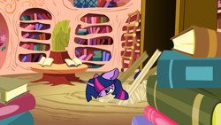 Size: 1280x720 | Tagged: safe, artist:dingdingxu377, imported from derpibooru, twilight sparkle, pony, unicorn, bandage, bondage, book, cloth gag, ear fluff, eyebrows, eyebrows visible through hair, female, floppy ears, gag, golden oaks library, lying down, mare, mummification, mummy, one eye closed, open mouth, over the nose gag, prone, sarcophagus, sequence, shocked, solo, sweat, sweatdrop, unicorn twilight