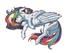 Size: 2000x1424 | Tagged: safe, artist:madhotaru, imported from derpibooru, rainbow dash, pegasus, simple background, sleeping, solo, white background