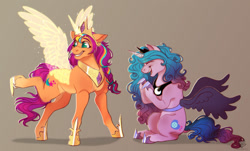 Size: 1280x775 | Tagged: safe, artist:notsosmartsmarty, imported from derpibooru, izzy moonbow, princess celestia, princess luna, sunny starscout, alicorn, pony, unicorn, spoiler:g5, artificial alicorn, artificial horn, artificial wings, augmented, clothes, cosplay, costume, crown, duo, fake wings, female, full body, g5, giggling, grin, hoof shoes, horn, jewelry, magic, magic horn, magic wings, mare, multicolored hair, open mouth, open smile, peytral, race swap, rainbow hair, raised hoof, regalia, simple background, smiling, sunnycorn, wings