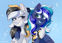 Size: 1906x1328 | Tagged: safe, artist:skysorbett, imported from derpibooru, oc, oc only, oc:flaming dune, oc:storm cloud river's, pegasus, pony, best friends, blushing, bust, chest fluff, clothes, duo, duo female, female, folded wings, freckles, green eyes, heterochromia, hug, looking at each other, looking at someone, mare, multicolored mane, pegasus oc, scarf, sitting, smiling, smiling at each other, striped scarf, wings