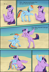 Size: 2200x3200 | Tagged: safe, artist:ladytechna, imported from derpibooru, rainbow dash, twilight sparkle, alicorn, pegasus, pony, art pack:summer snarfing, angry, beach, belly, big belly, butt, comic, dialogue, duo, eye clipping through hair, eyebrows, eyebrows visible through hair, eyes closed, female, fetish, floppy ears, folded wings, high res, lidded eyes, mare, open mouth, oral vore, partially open wings, plot, preydash, rearing, scared, shocked, sitting, spread wings, standing, sweat, sweatdrop, teasing, twilight sparkle (alicorn), twipred, vore, wings