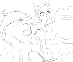 Size: 900x765 | Tagged: safe, artist:knifeh, imported from derpibooru, scootaloo, pegasus, pony, blank flank, female, filly, foal, jumping, monochrome, scooter, sketch, solo, spread wings, wings