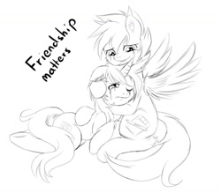 Size: 1200x1050 | Tagged: safe, artist:knifeh, imported from derpibooru, oc, oc only, oc:dbpony, oc:nife, pegasus, pony, unicorn, crying, female, hug, mare, monochrome, simple background, sketch, white background
