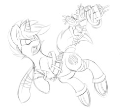 Size: 1500x1320 | Tagged: safe, artist:knifeh, imported from derpibooru, oc, oc only, pony, unicorn, action pose, gun, jumping, knife, monochrome, open mouth, sketch, solo, weapon