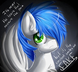 Size: 900x830 | Tagged: safe, artist:knifeh, imported from derpibooru, oc, oc only, oc:nife, pegasus, pony, bust, crying, depressed, depression, frown, furrowed brow, portrait, quote, solo, wings