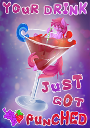 Size: 704x1000 | Tagged: safe, artist:knifeh, imported from derpibooru, berry punch, berryshine, earth pony, pony, alcohol, cup, cup of pony, drunk, female, glass, mare, margarita, micro, poster, solo, straw