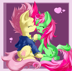 Size: 2100x2058 | Tagged: safe, artist:knifeh, imported from derpibooru, oc, oc only, oc:pinku, pony, unicorn, clothes, eyes closed, female, floating heart, heart, high res, hoodie, hoofbump, male, oc x oc, shipping, sitting, straight