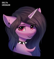 Size: 1116x1225 | Tagged: safe, artist:delta hronum, imported from derpibooru, izzy moonbow, pony, unicorn, beautiful, black background, bust, collar, female, g5, goth, goth izzy, mare, portrait, simple background, solo, spiked collar