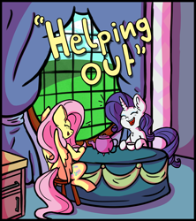 Size: 2400x2700 | Tagged: safe, artist:mc_arts, imported from derpibooru, fluttershy, rarity, pegasus, pony, unicorn, comic:helping out, comic, comic cover, cover, cup, duo, female, sitting, stool, table, talking, tea kettle, teacup