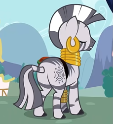 Size: 525x574 | Tagged: safe, imported from derpibooru, screencap, zecora, zebra, the cutie pox, butt, cropped, eyes closed, plot, solo, zecorass