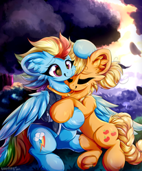 Size: 2000x2419 | Tagged: safe, artist:woonborg, imported from derpibooru, applejack, rainbow dash, earth pony, pegasus, pony, appledash, duo, duo female, eyebrows, eyebrows visible through hair, eyes closed, female, high res, hug, lesbian, mare, older, older applejack, older rainbow dash, shipping, signature, sitting, smiling