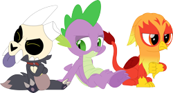 Size: 3576x1930 | Tagged: safe, artist:porygon2z, imported from derpibooru, spike, oc, oc:heatwave, dragon, griffon, broken horn, chickub, collar, crossover, griffon oc, horn, king clawthorne, male, pet tag, porygon2z's trio, show accurate, simple background, skull, the owl house, thumbs down, titan, tongue out, transparent background, trio, trio male