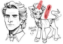 Size: 640x445 | Tagged: safe, artist:doctor-pepo, imported from derpibooru, human, pony, unicorn, american psycho, blood, clothes, glowing, glowing horn, horn, knife, lineart, magic, monochrome, patrick bateman, ponified, simple background, solo, suit, telekinesis, unshorn fetlocks, white background