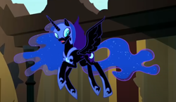 Size: 930x541 | Tagged: safe, imported from derpibooru, screencap, nightmare moon, alicorn, pony, do princesses dream of magic sheep, season 5, castle of the royal pony sisters, corrupted, cropped, ethereal hair, ethereal mane, ethereal tail, flying, helmet, hoof shoes, horn, jewelry, open mouth, peytral, regalia, slit pupils, solo, spread wings, surprised, tail, wings