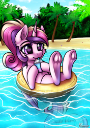 Size: 3508x4961 | Tagged: safe, artist:kruszynka25, imported from derpibooru, princess cadance, alicorn, pony, absurd resolution, alternate hairstyle, beach, cute, cutedance, drink, drinking, ear fluff, frog (hoof), hoof hold, hoofbutt, inner tube, leg fluff, ocean, palm tree, solo, straw, teen princess cadance, teenager, tree, underhoof, water, younger