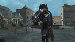 Size: 1920x1080 | Tagged: safe, artist:is_a_ponye, imported from derpibooru, oc, oc:sapphire white, anthro, fallout equestria, fallout, fallout 4, fallout 4 equestria mod, mod, police uniform, post-apocalyptic, raider, raider king, tesla cannon