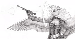 Size: 1800x943 | Tagged: safe, artist:baron engel, imported from derpibooru, princess luna, alicorn, anthro, bullet, glowing, glowing horn, gun, handgun, horn, magic, monochrome, pencil drawing, pistol, solo, story in the source, story included, traditional art, weapon